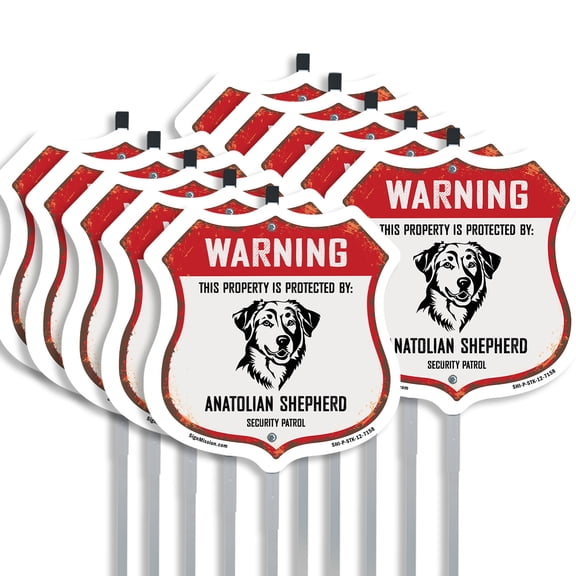 Warning This Property is Protected by Anatolian Shepherd (10 Pack) 12 inch X 12 inch Shield Shaped Commercial Grade Plastic Signs with Aluminum Mounting Stakes Weather Resistant Made in