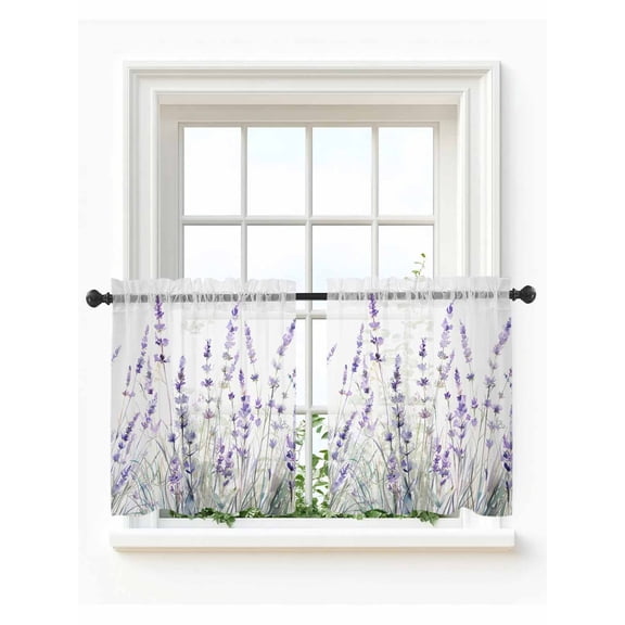 Lavender Floral Tier Curtains 24 Inch Length,Sheer Curtains for Bedroom Living Room Window Spring Flowers Botanical Plants Rod Pocket Drapes Kitchen Curtains Small Half Window 27.5"x24" 2 Panels