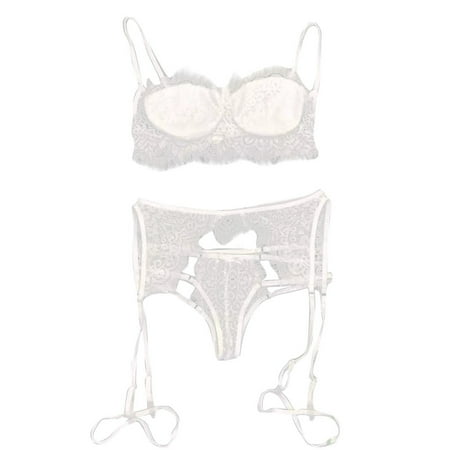 

BIZIZA 3 Piece Women Pajamas Set Sexy Strappy with Garter Belt Lace Lingerie Sets Bra and Panties Babydoll White XL