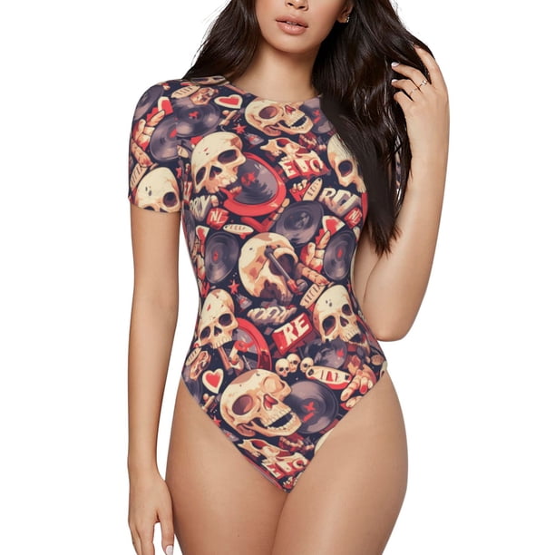 Fotbe Skull rock record artist Body de Mujer con Cuello Redondo y Mangas Cortas, Sin Mangas Ajustado, Suave, Cómodo y Básico-Medium