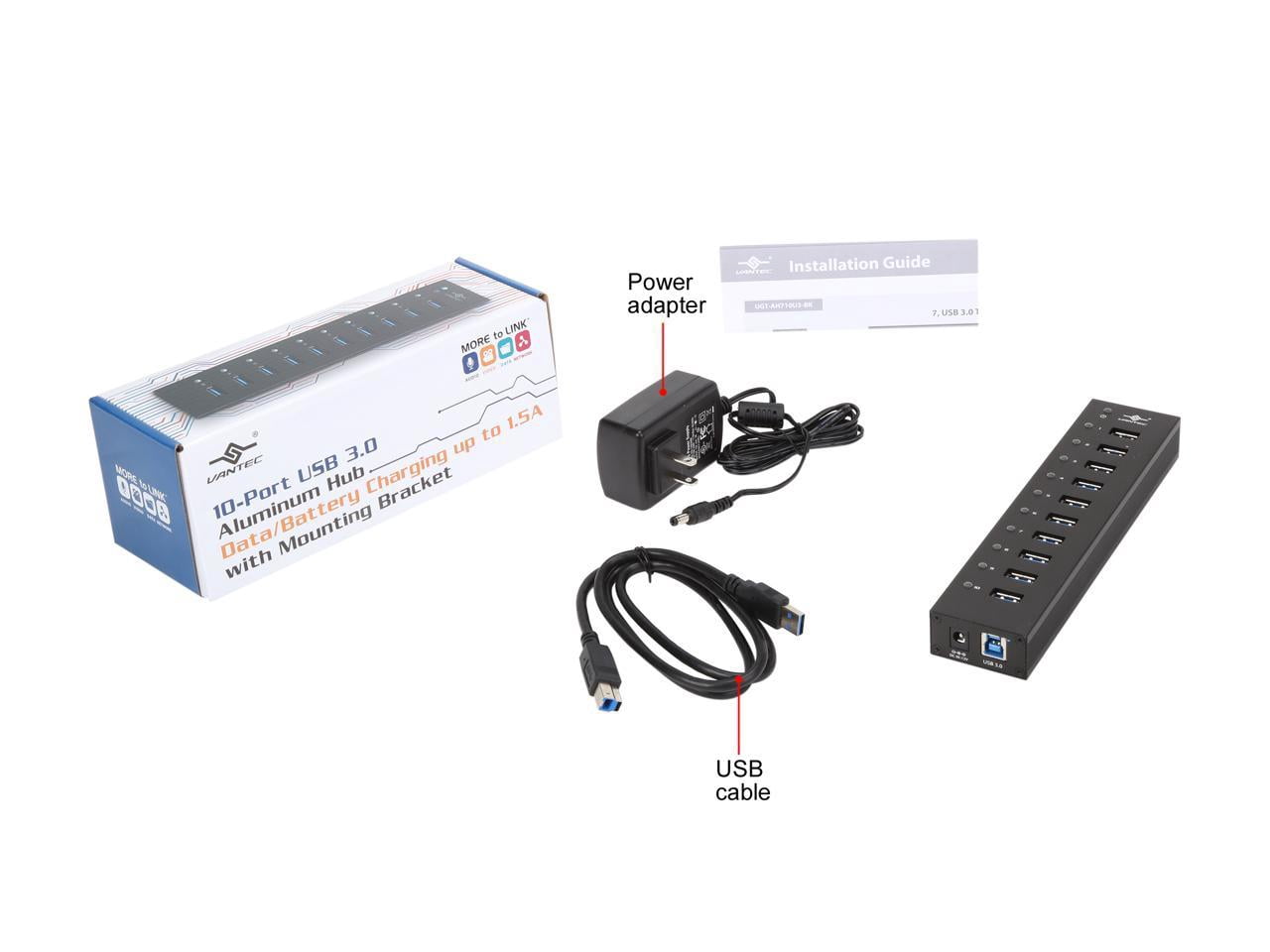 VANTEC UGT-AH110U3-BK 10-Port USB 3.0 Aluminum Hub with 12V/5A Premium Power Adapter