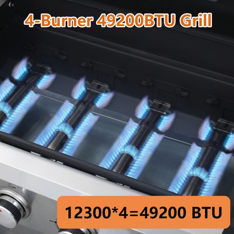 4-Burner Propane Gas Grill with Griddle Grill and Wire Enamel Grids, 49200 BTU Stainless Steel Outdoor BBQ Gill with Foldable Side Table and Hanging Basket for Backyard Barbecue