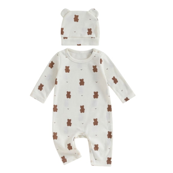 Zanarzt Newborn Infant Baby Boys Girls Bodysuit Baby Breathable Bodysuit Cute Cartoon Print Long Sleeve Casual Bodysuit with Hat White,0-3 Months
