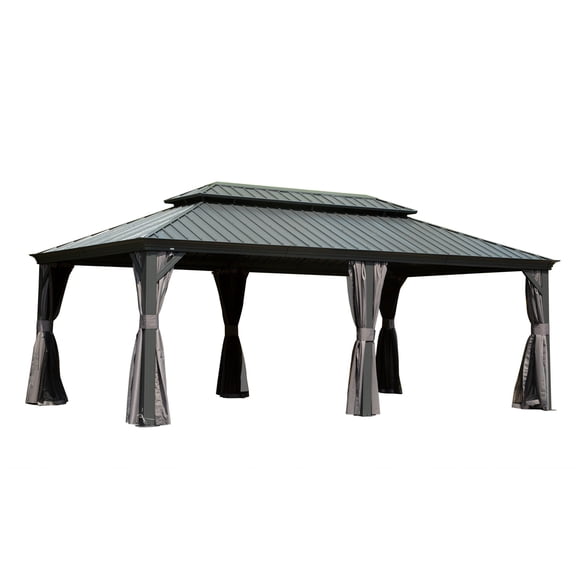 Miekor Furniture 14' X 20' Hardtop Gazebo Outdoor Metal Gazebo Canopy with Galvanized Steel Double Roof, Aluminum Frame, Curtains and Netting for Patio, Deck, Garden, Grey MK5559