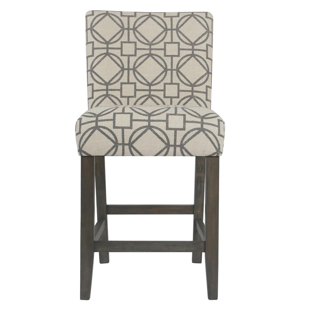 Wooden 24 Inch Counter Height Stool with Trellis Pattern Fabric Upholstery Cream and Gray - Saltoro Sherpi