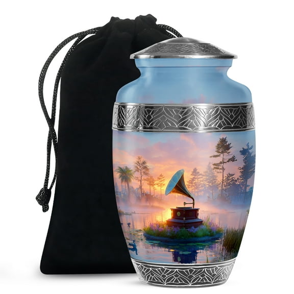 MUKTIVE Gramophone Large Cremation Urns for Adult Ashes Women for Funeral, Grey Funeral Urn for Ashes Male & Female, Sunrise Cremation Urns for Ashes, Memorial Gift for Couples, 10 Inch