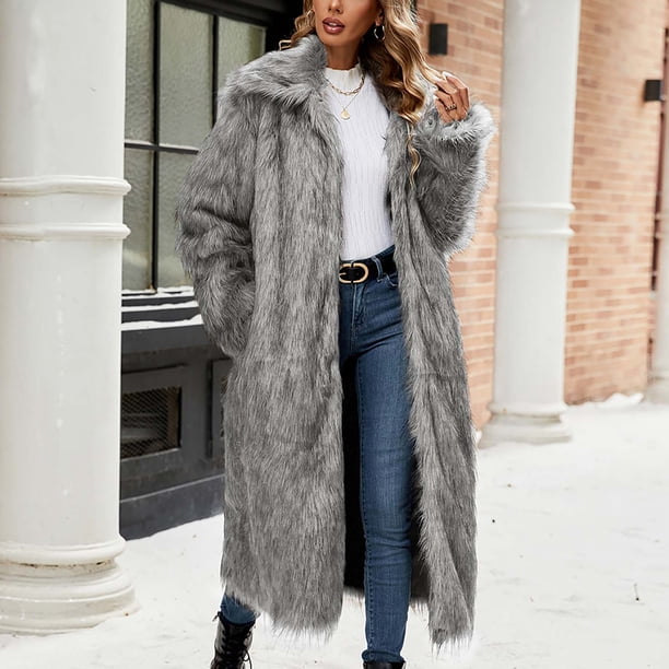 Meichang Long Faux Fur Jacket for Women Open Front Long Sleeve