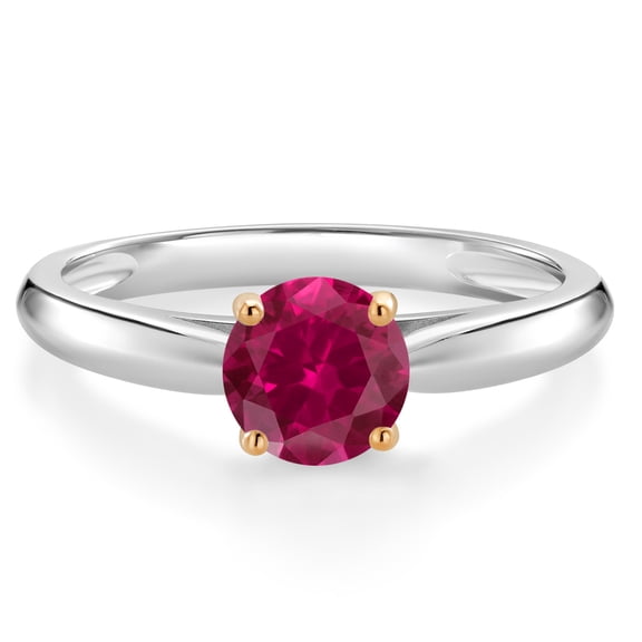 Gem Stone King 1.00 Ct Round Red Created Ruby 10K White and Yellow Gold Solitaire Engagement Ring (Size 8)