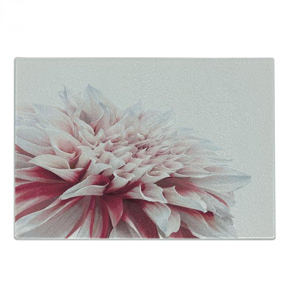 Dahlia Cutting Board, Close up Blossom Pastel Colored Petals Single Large Flower Meadow Print, Decorative Tempered Glass Cutting and Serving Board, Small Size, White Ivory and Ruby, by Ambesonne