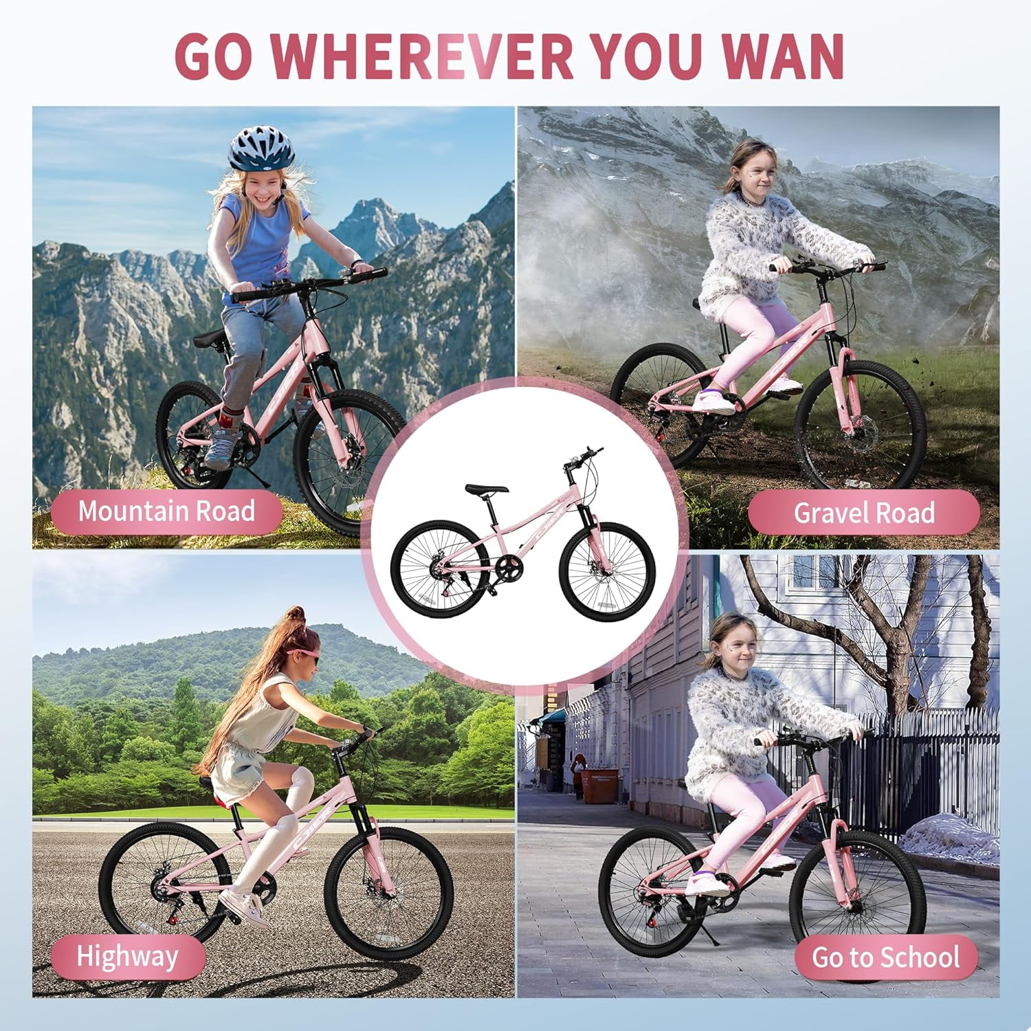 Akaber 24" Kids Mountain Bike for Kids 6-12, 7 Speeds Drivetrain Kids Bike, Girls Boys Bike with Suspension Fork, Dual-Disc Brake, Anti-Slip Butyl Tires, Pink