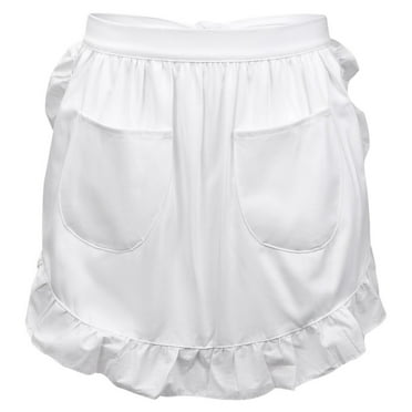 Rustic Women's Waist Apron Corrugated Edge, Maid Half Apron for Kitchen Cooking Restaurant Pub Bistro, 100% Cotton Short Aprons Pure White with Pockets For Kitchen