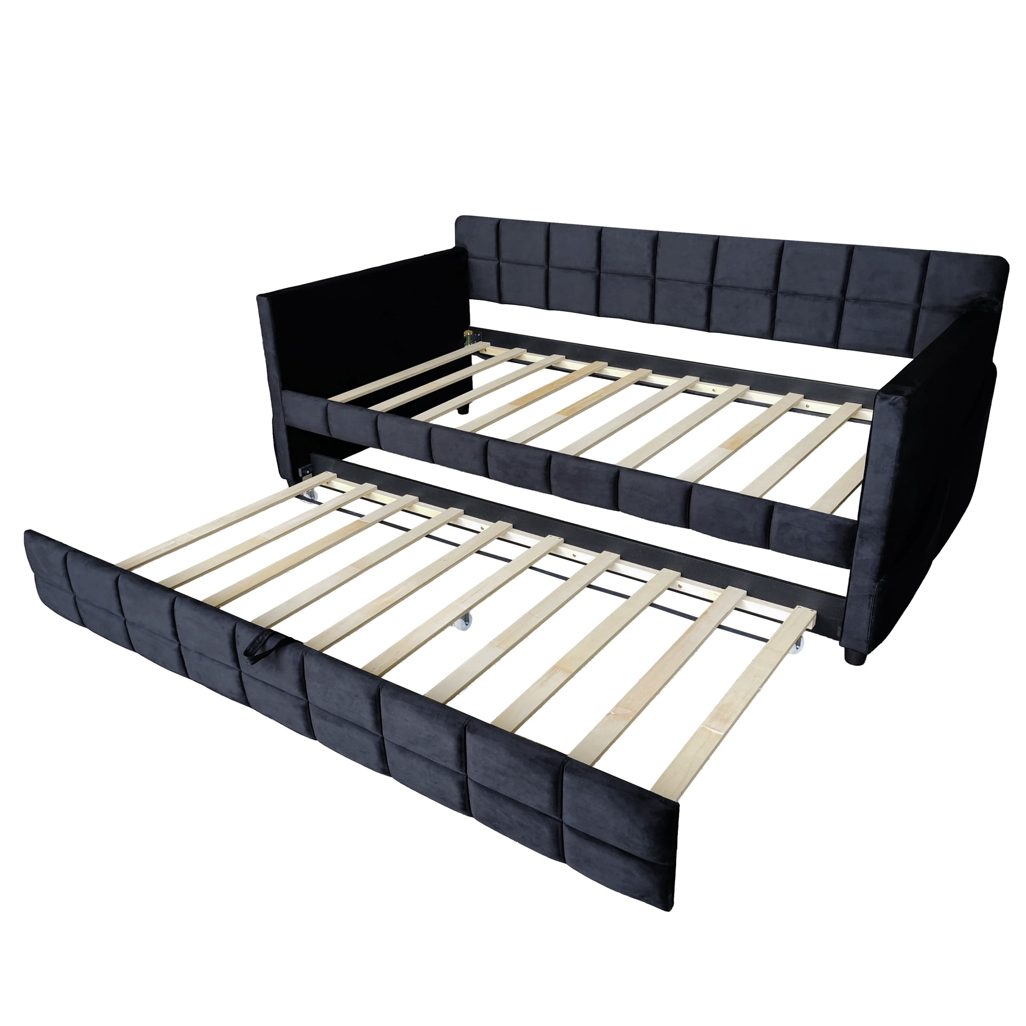 Aukfa Modern Twin Daybed with Trundle, Velvet Upholstered Bed Frame with Storage Pockets, Space-Saving Sofa Bed for Living Room, Bedroom, Black
