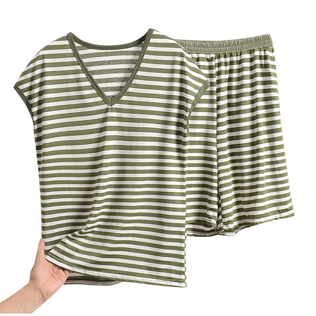 Posijego Ensemble de Pyjama Grande Taille pour Femmes, Col en V, Rayé, Manches Courtes, Shorts, Tenue de Nuit, Dames, Ensemble de Pyjamas 2 Pcs