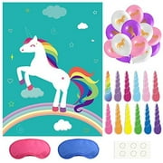 Fepito Pin The Horn On The Unicorn Birthday Party Game With 24 Horns For Unicorn Party Supplies, Kids Birthday Party Decorations