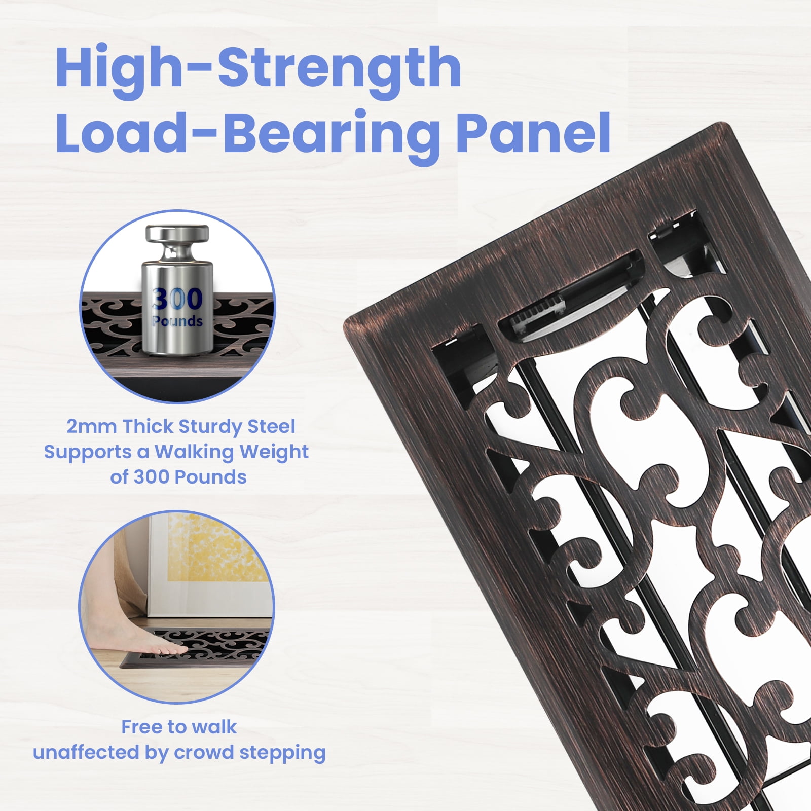 4x14 Inches 2 Pack Heavy Duty Walkable Floor Register Easy Adjust Air Supply Lever Floor Vents - Savannah Design - Vent Cover for Home Floor - Oil Rubbed Bronze