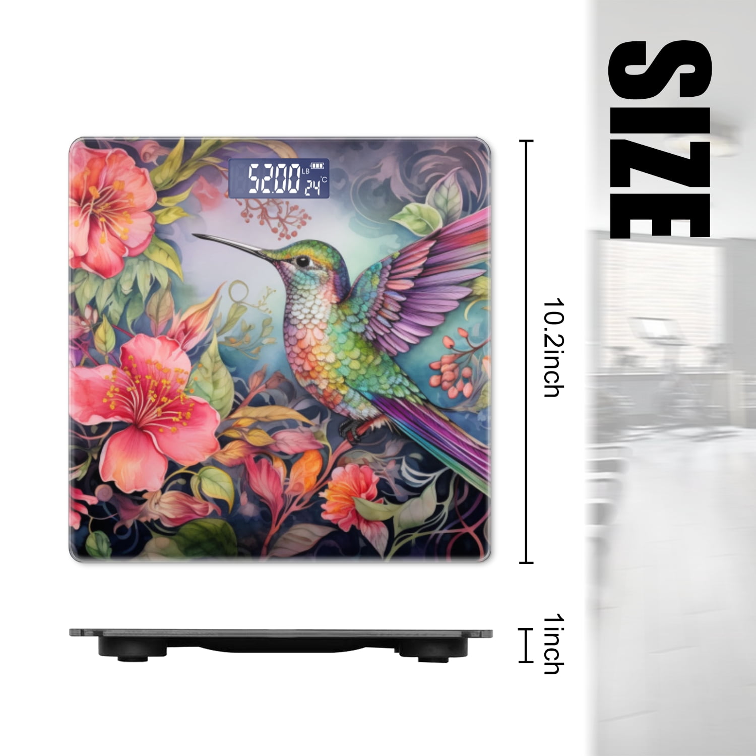 Bathroom Scale, Highly Accurate Digital Body Scale,Precisely Measures Weight up to 400 lbs-Beautiful Hummingbird Surrounded By Flowers