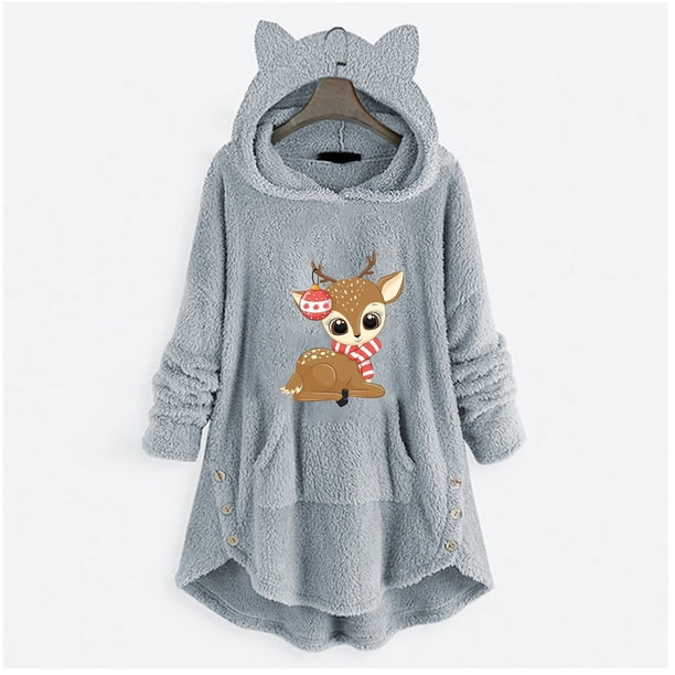 Puntoco Mujer Casual Navidad Impresión Botones De Felpa Manga Larga Con Capucha Abrigo De Felpa Top Puntoco Puntoco-4756
