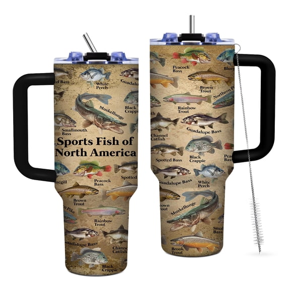 JOPJOLIW Fish Gifts for Dad, 40oz Tumbler with Handle and Straw, Fishing Gifts for Men, Birthday Gifts for Fisherman, Party Supplies, Fishing Coffee Mug, Stainless Steel Cup