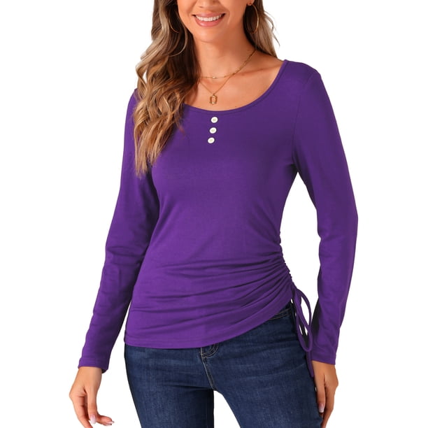 INSPIRE CHIC Blusa de Cuello Redondo para Mujer con Botones, Estiramiento, Fruncido y Cuerda