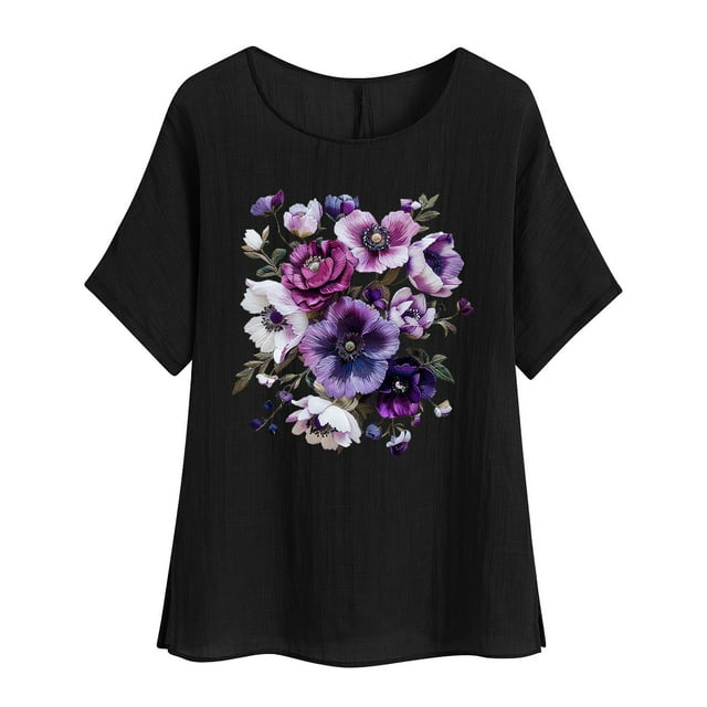 Camiseta de Mujer Camiseta de Manga Corta Impresión Casual Raglan Suelto de Lino Top Blusas, Cuello de la Tripulación