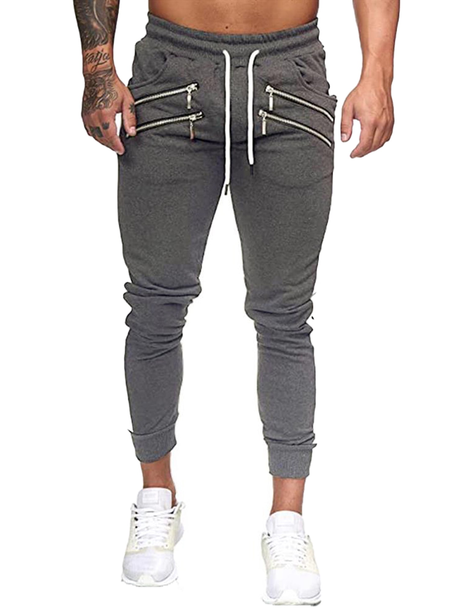 Men Drawstring Zipper Slim Pockets Pants Sports Casual Gym Jogging Long Trousers 