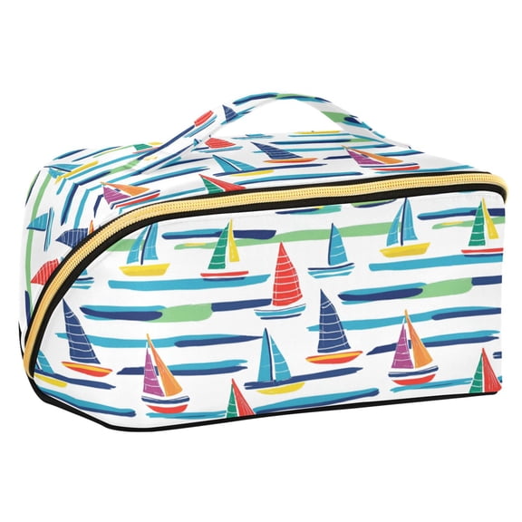 FORMRS Makeup Bag Travel Cosmetic Organizer for Women Fold Flat Zipper Pouch with Handle, Colorful Sailboats