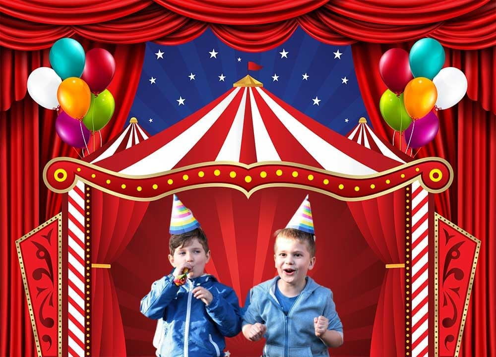 8 x 6 ft Carnival Backdrop, Circus Theme Red Curatin Balloon Backdrop Carnival Photo Booth Props Kids Adults Birthday Baby Shower Party Decoration Banner Polyester