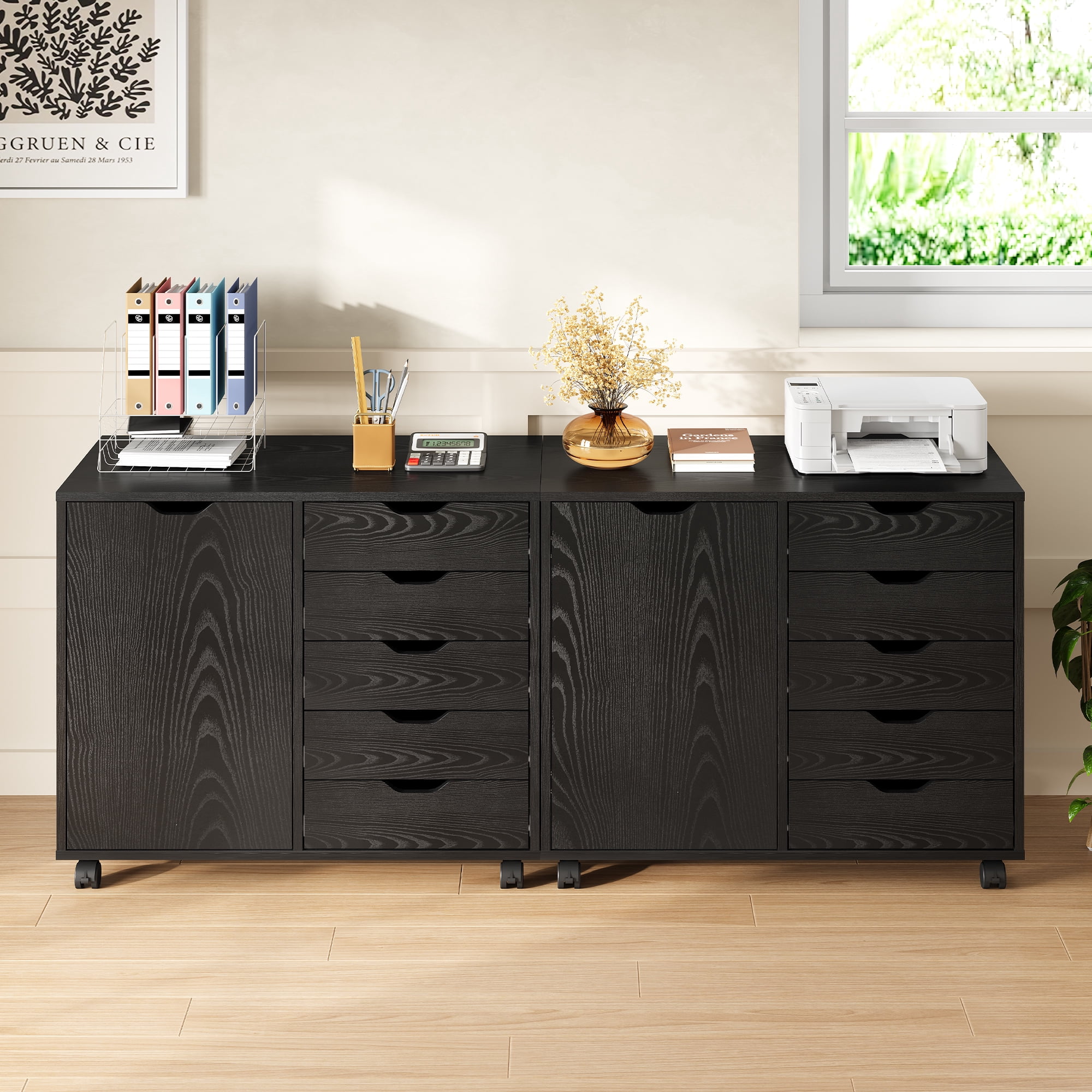 GALAXHERO 5-Drawer Storage Cabinet, Mobile Printer Stand Filing Cabinet for Home Office Cabinet, Wood File Cabinet, Black