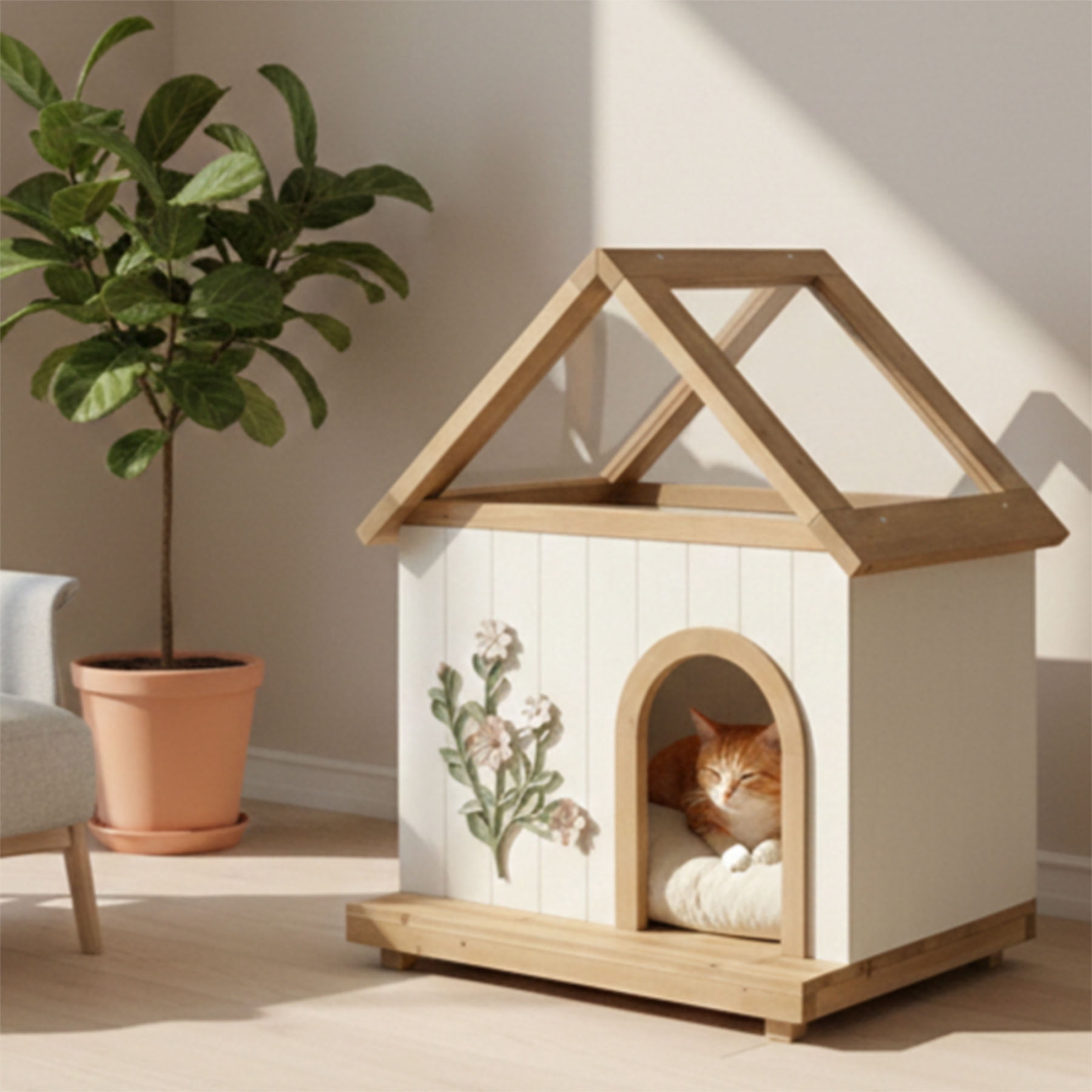 S-HOME Daisy Cat House with FSC-Certified Cedar and Acrylic Roof, Wooden Shelter for Cats and Small Dogs Weight 11-25 lbs