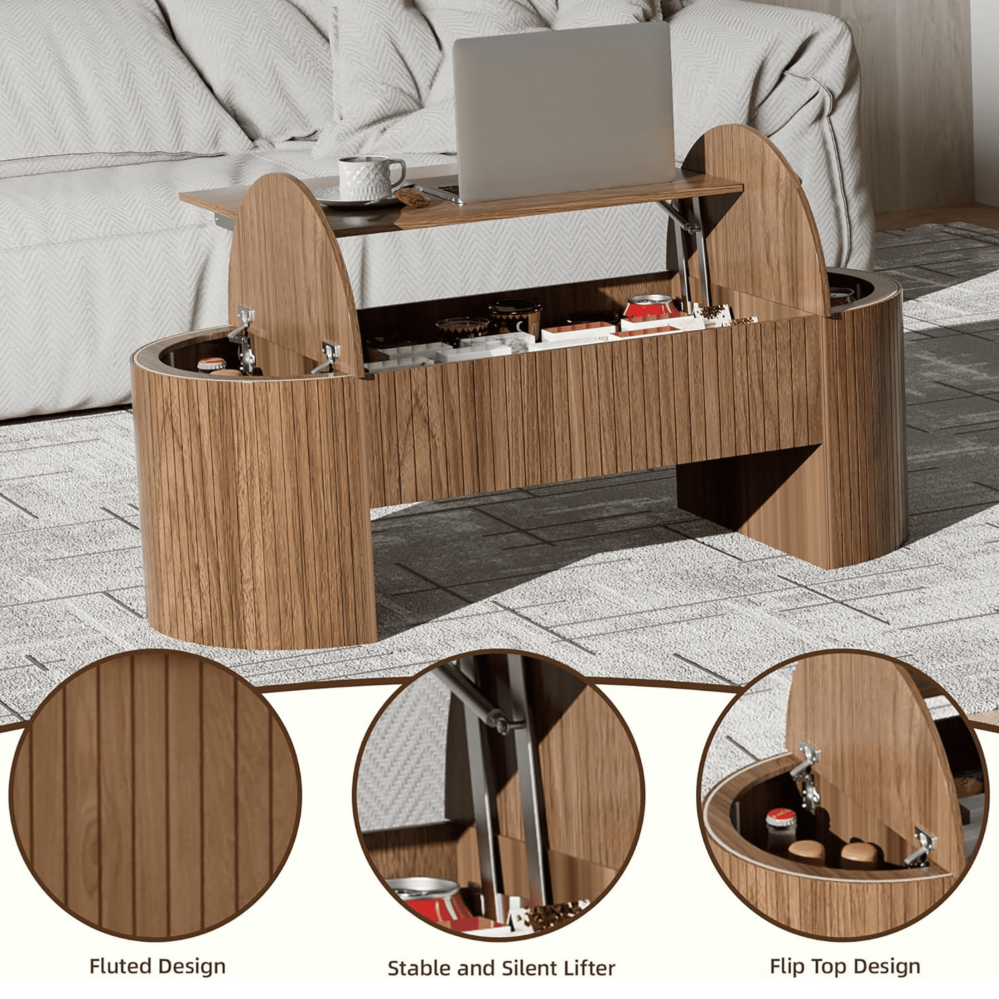 Diubas Oval Lift Top Coffee Table with Hidden Storage, Fluted Coffee Table Center Table for Home Living Room, Walnut