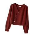 thumbnail image 2 of Suéter tipo cárdigan para mujer, abrigo para otoño e invierno, cuello en V, estilo vintage, top corto de punto borgoña, 2 of 8