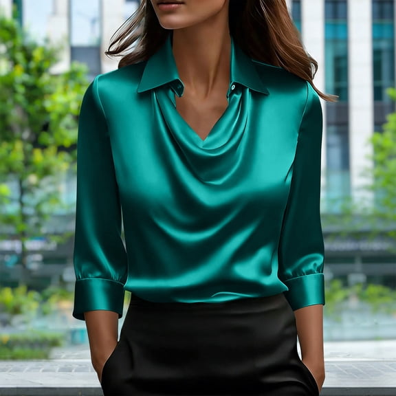 AUNVITO Women's Solid Color Dangling Collar Three Quarter Sleeve Blouse Minimalist and Elegant Style