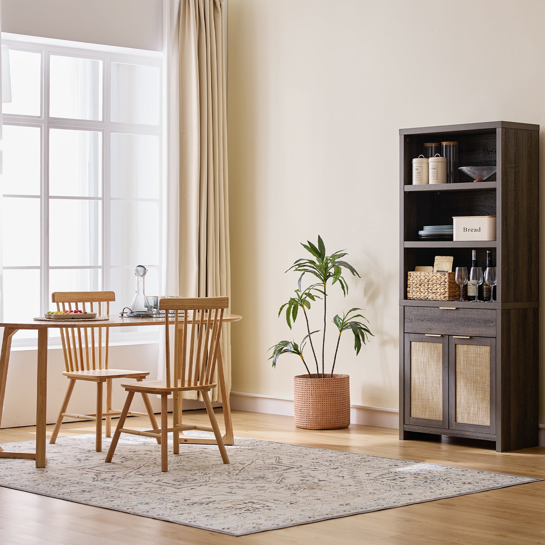 ARKANTOS Rattan Bookcase with Doors, 5 Shelf Adjustable Bookshelf and Storage Cabinet, Charcoal Oak