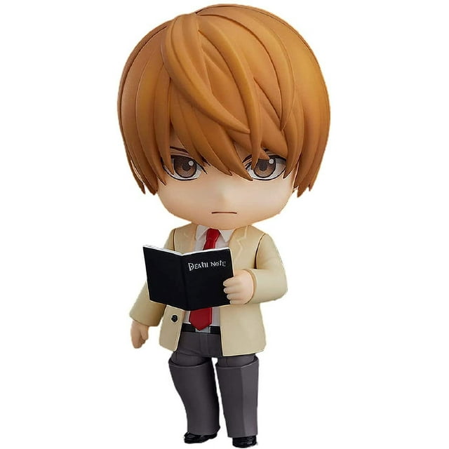 figura de death note, figura de light yagami, versión q, figura de dibujos animados, modelo de juguete, articulación móvil, coleccionable hecha a mano, regalos de cumpleaños de navidad nueva figura de PVC de 10 cm en vista frontal 3/4; personaje estilo chibi con abrigo beige, corbata roja, cabello castaño y expresión seria, sostiene un mini cuaderno negro con la inscripción "Death Note"; fondo neutro, ideal para exhibir en escritorio o regalar y a menudo usada como figura decorativa de escritorio.