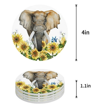 

ZHANZZK Sunflowers Elephant Set of 8 Round Coaster for Drinks Absorbent Ceramic Stone Coasters Cup Mat with Cork Base for Home Kitchen Room Coffee Table Bar Decor