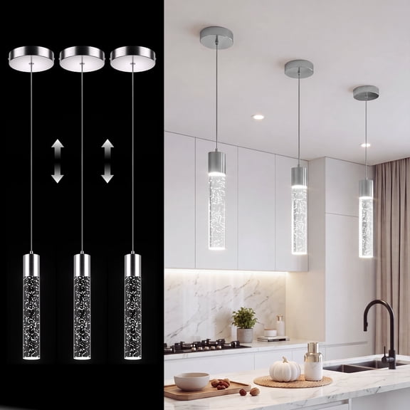 Kincubow 3-Pack LED Pendant Light Kitchen Island Hanging Light Brushed Nickel Modern Pendant Fixture with Crystal Bubble 6500K