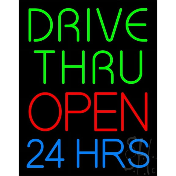 Drive Thru Open 24hr LED Neon Sign 24 x 31 - inches, Black Square Cut Acrylic Backing, with Dimmer - Bright and Premium built indoor LED Neon Sign for restaurant window and interior decor.