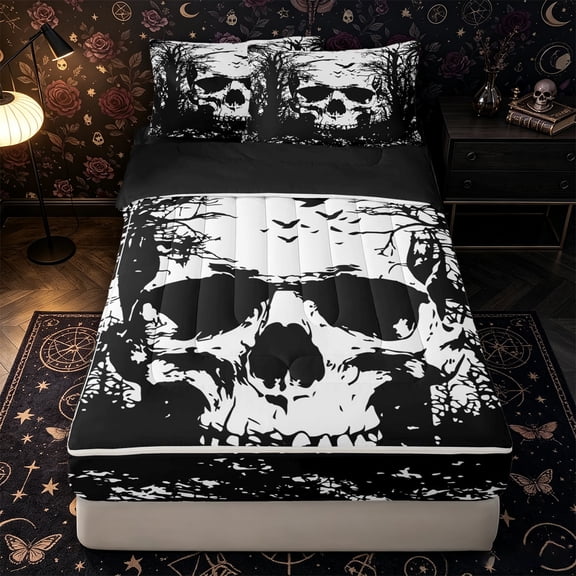 Castle Fairy Gothic Abstract Skull Zipper Queen Comforter Set with Fitted Sheet and 2 Pillowcases,Spooky Jungle Crow Zipper Bedding Set,Black White,4 Pieces,Black Reversible