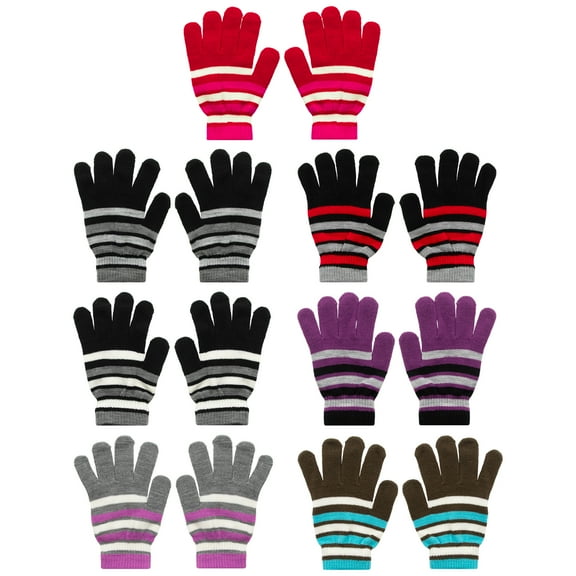 Kids Striped Stretch Magic Gloves One Size Fits Most, 7 Pack