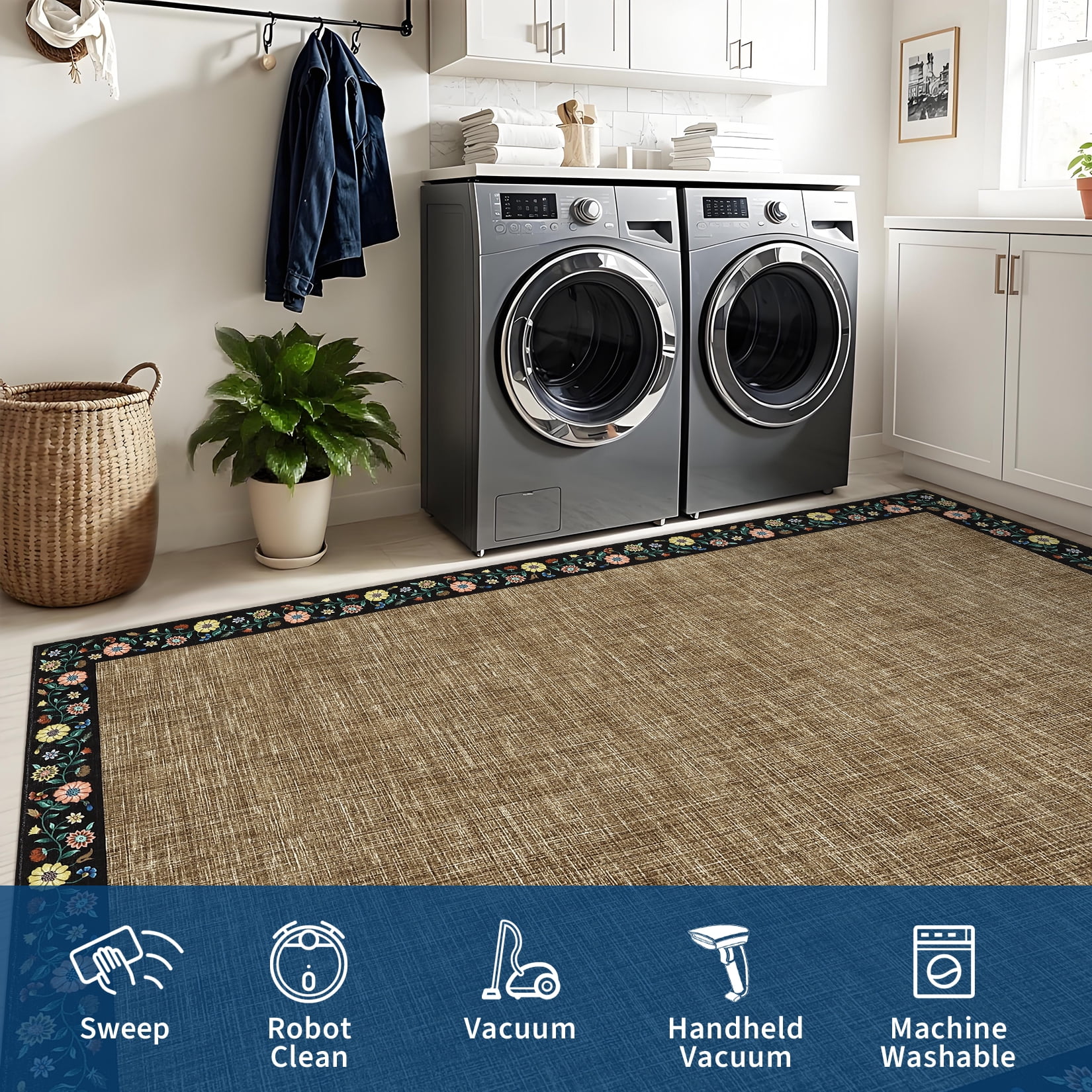 Hasoo Washable Living Room Area Rug 8x10 Large Modern Floral Border Soft Stain Resistant Indoor Brown Carpet