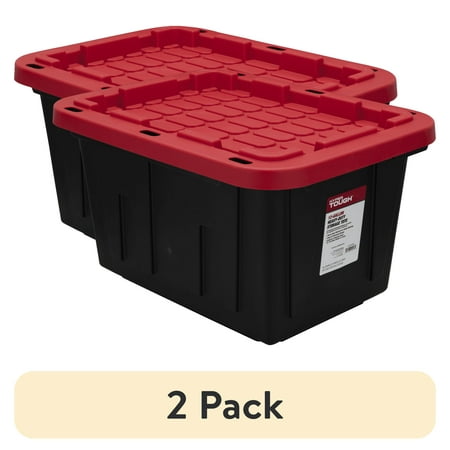 (2 pack) Hyper Tough Small Storage Bin, 12 Gallon Plastic Storage Container with Snap-On Lid, Black and Red