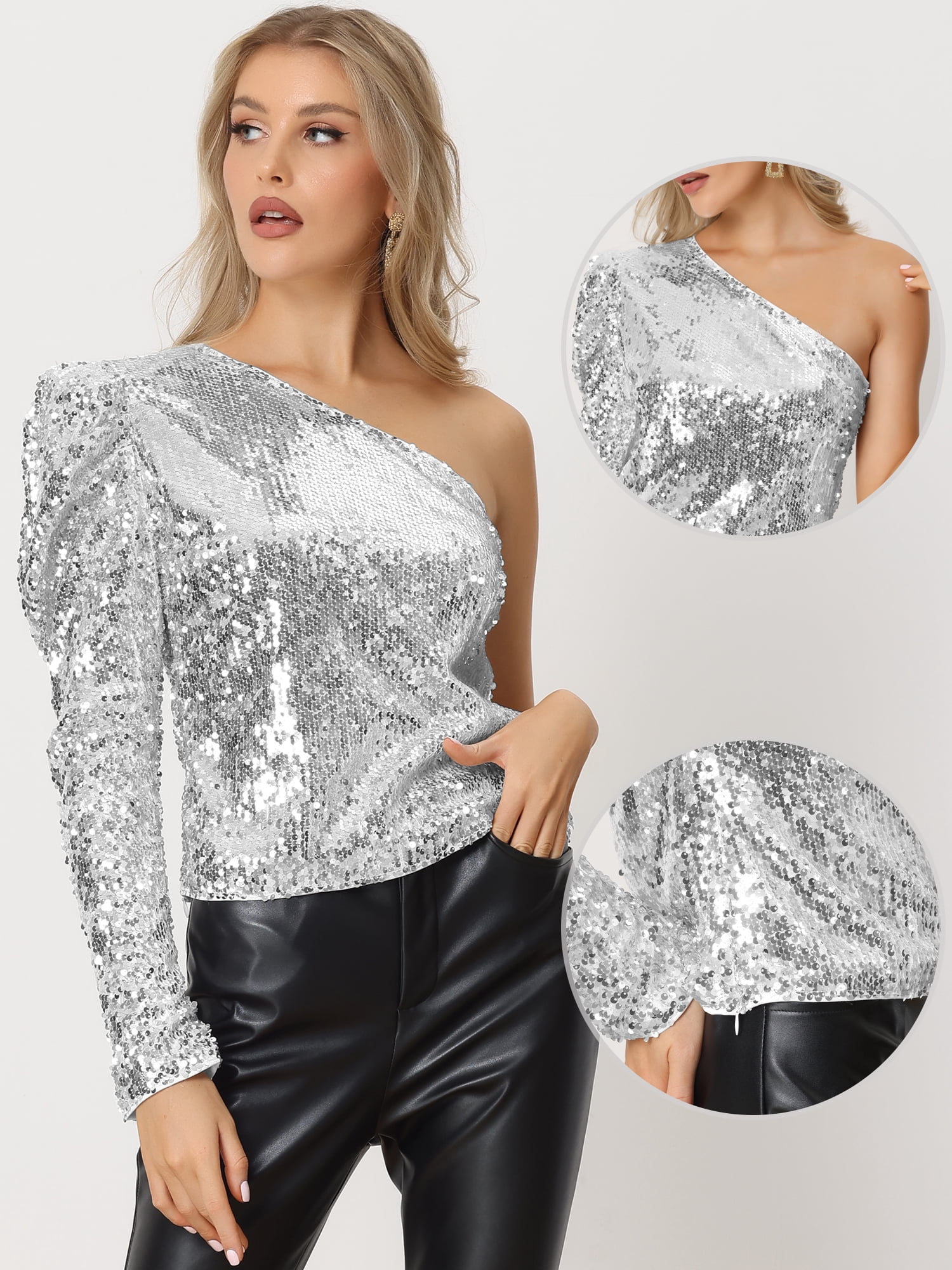 DARING DIVA Women's One Shoulder Puff Long Sleeve Shimmer Tops M Silver