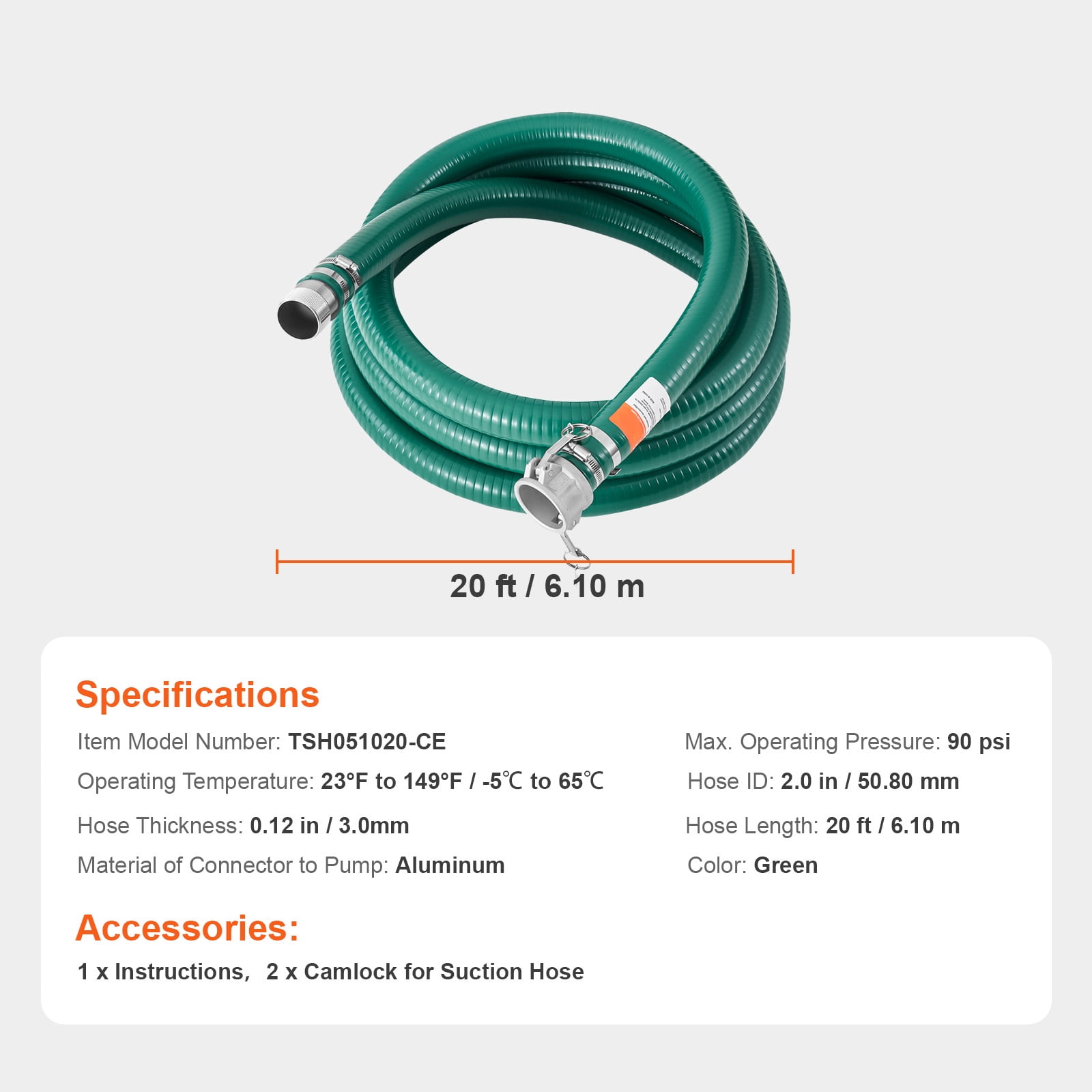 KFFKFF Draw Hose, 2-inch by 20-foot, Verdant Superior Hose, Equipped with Camlock Couplings, Plus Aluminum Attachments, Compatible with Diverse Pumps, Ideal for Wastewater Processing
