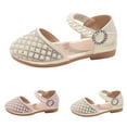 thumbnail image 4 of GiLiling Girls Pearl Rhinestone Dress Sandals, Adjustable Ankle Strap Princess Flats, Soft Sole Non Slip Toddler Party Shoes for Kids (Beige, 3.5-4 Years), 4 of 9