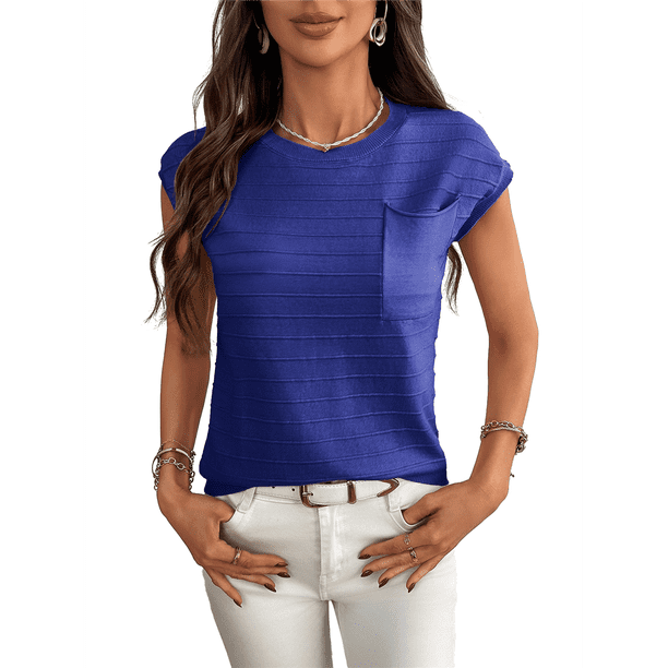 Suéter Informal de Cuello Redondo y Rayas con Aguja Gruesa para Mujer, Azul Oscuro, Talla M