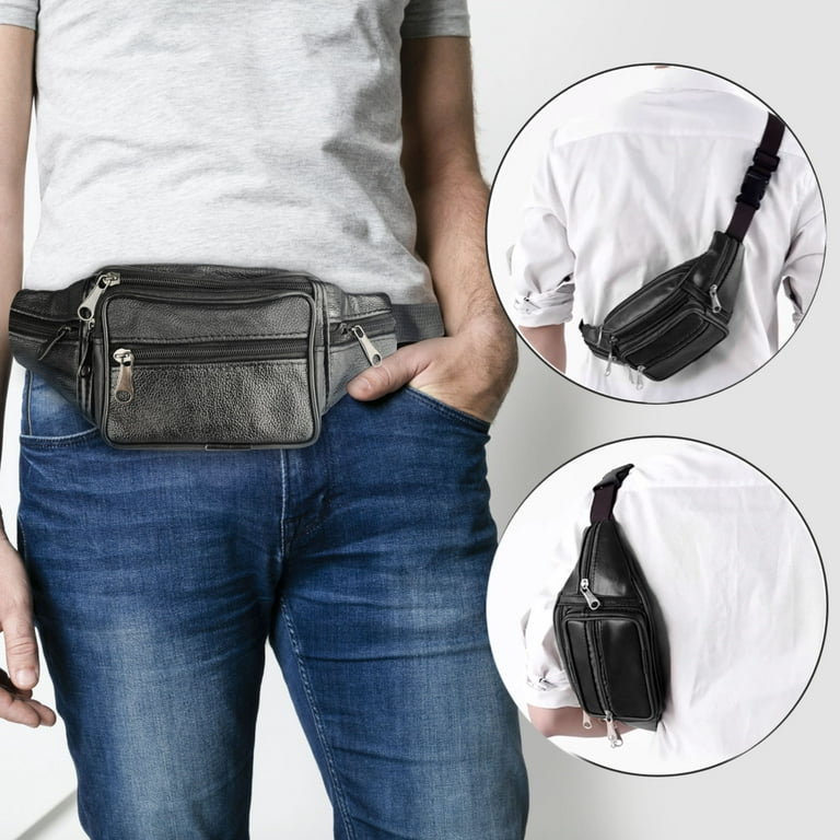Leather Fanny Pack, TSV Waterproof Cell Phone Waist Bag with 7 Zipper Pockets for Men Women, Adjustable Bum Packs, Black, Adult Unisex, Size: Large