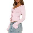 thumbnail image 2 of Women Ruffle Tie Front Cardigan Sweater Long Bell Sleeve Cropped Knit Sweater Top Pink M, 2 of 7