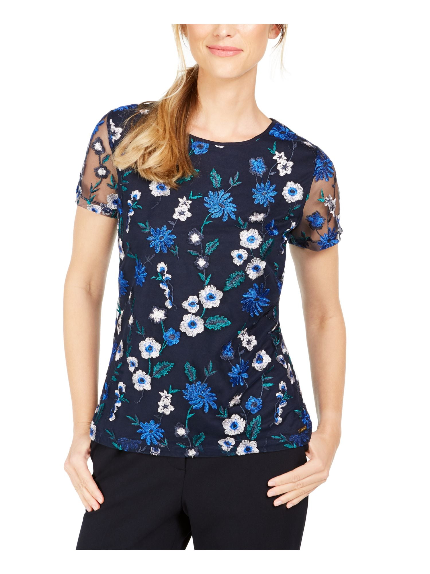 Calvin Klein CALVIN KLEIN Womens Navy Floral Short Sleeve Crew Neck T