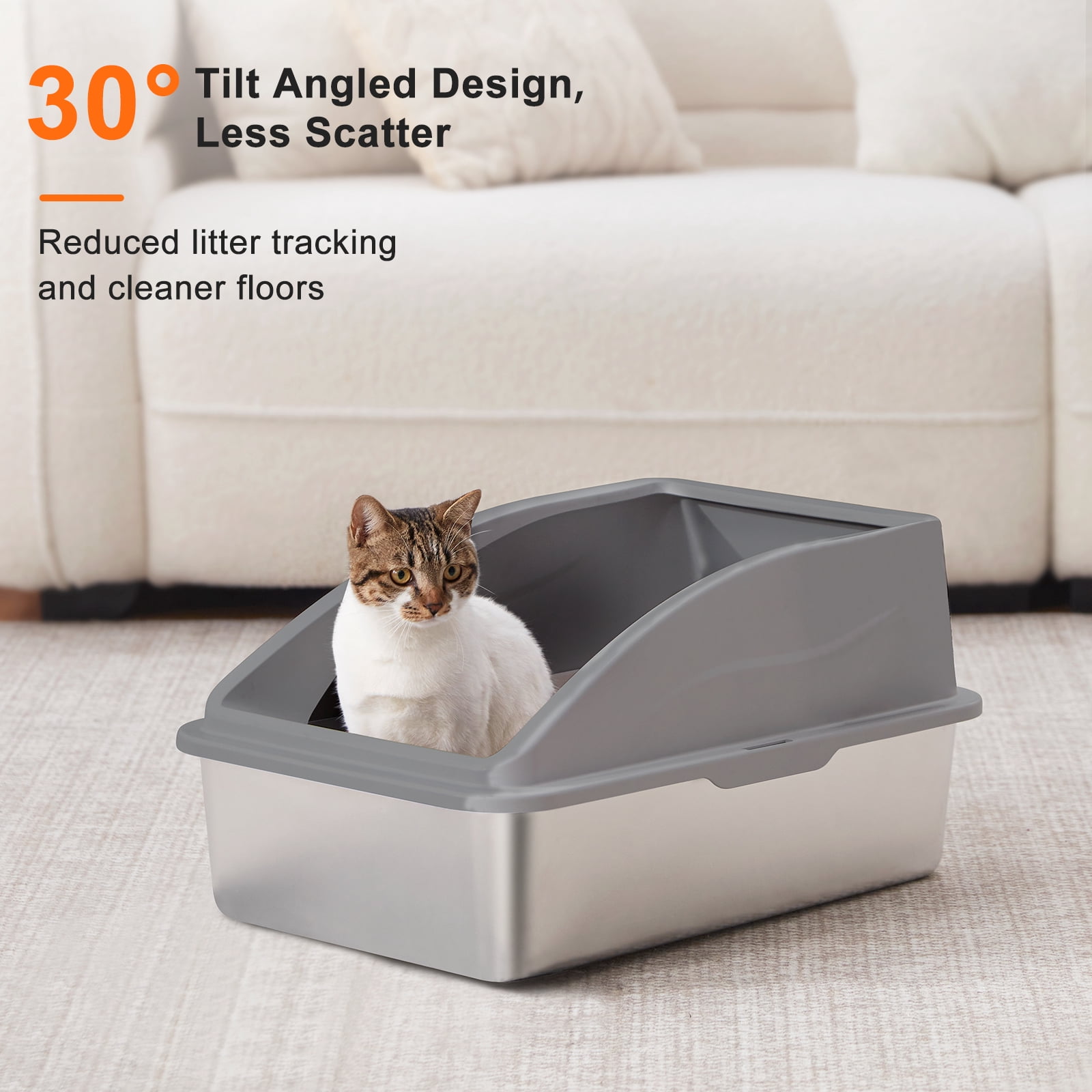 2 Pcs Stainless Steel Cat Litter Box with High Sides, Xl Stainless Steel Litter Box for Big Cats and Multi-cat, Anti-urine Leakage, Non-stick, Dark Gray and Silver Gary