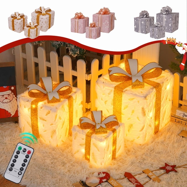 Set de 3 Cajas de Luz Led Navideñas con Control Remoto | Decoración para Caja de Regalo | Pvc Multicolor | 15,5 Cm, 20,5 Cm, 25,5 Cm | Uso Interior y Exterior | Requiere 3 Pilas Aa